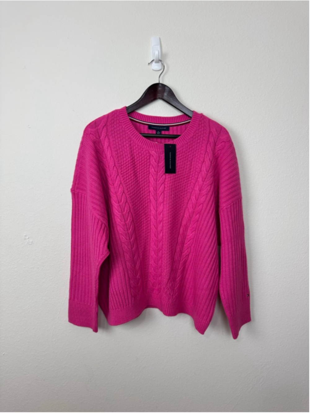 Tommy Hilfiger Women Pink Cable Knit Crew Neck Sweater XL Preppy Old Money Class
